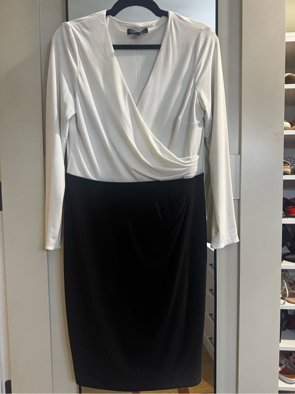 Lauren Ralph Lauren Black and White Faux-Wrap Midi Dress